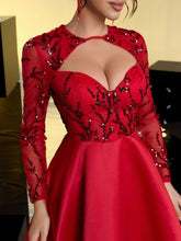 Glamrae Elegant Red Luxurious Sequin Patchwork Satin Long Sleeve Hollow-Out Waist Net Yarn See-Through A-Line Formal Dress